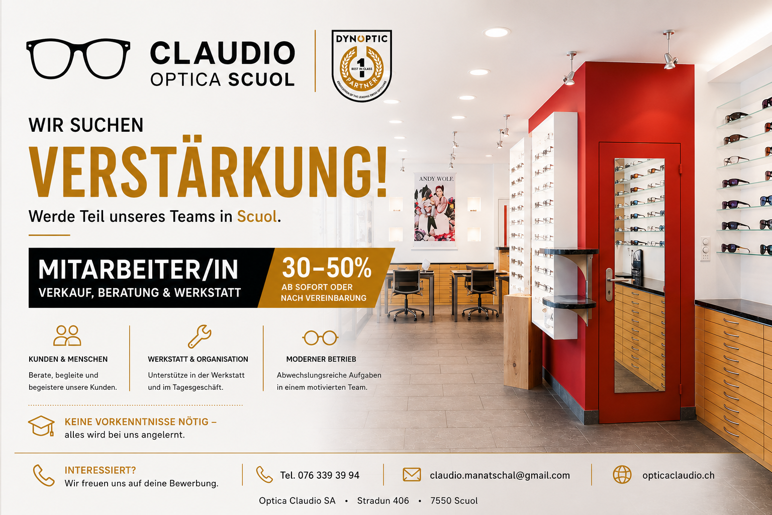 Stelleninserat Mitarbeiter Verkauf Beratung Werkstatt 30–50 Prozent bei Optica Claudio in Scuol